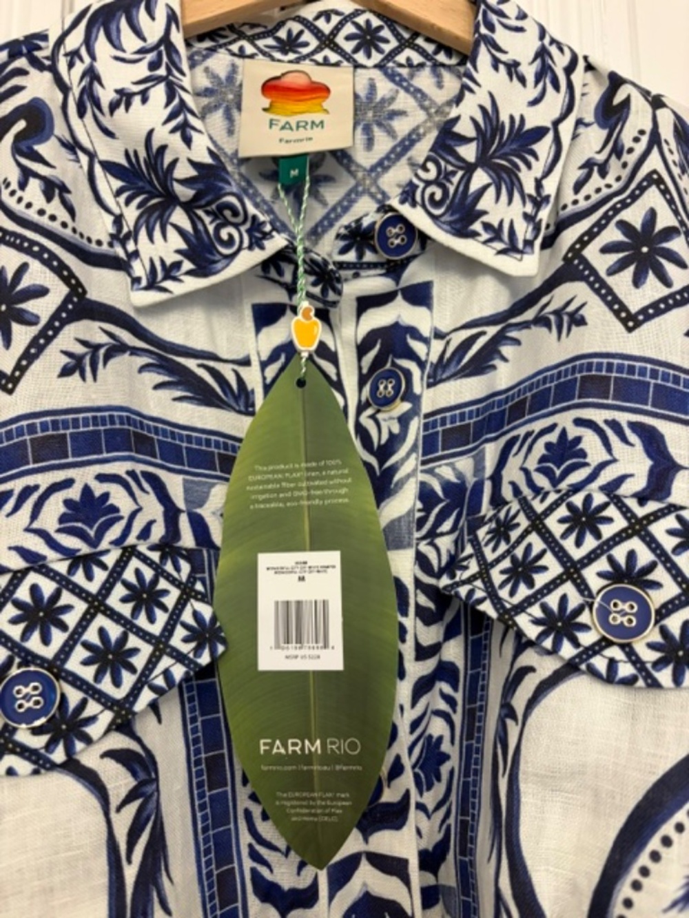 NWT FARM Rio Blue & White Linen Belted Romper Size M - Picture 3 of 5